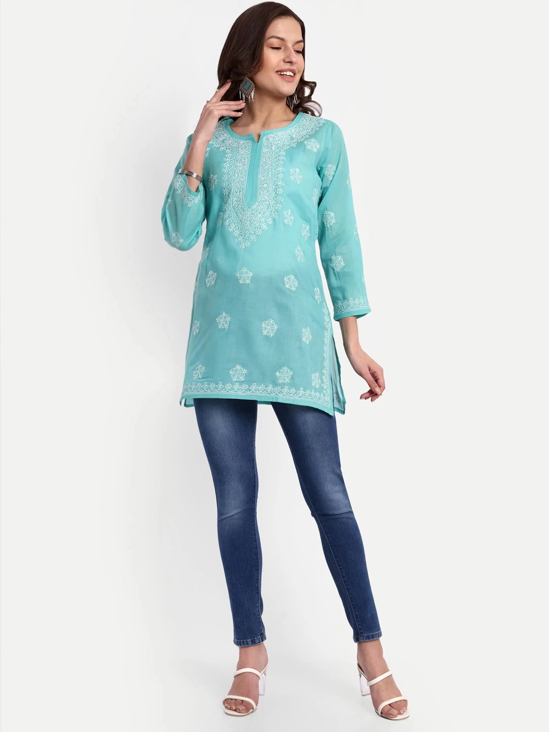 Ada Hand Embroidered Cyan Green Cotton Lucknowi Chikankari Straight Kurti A911332