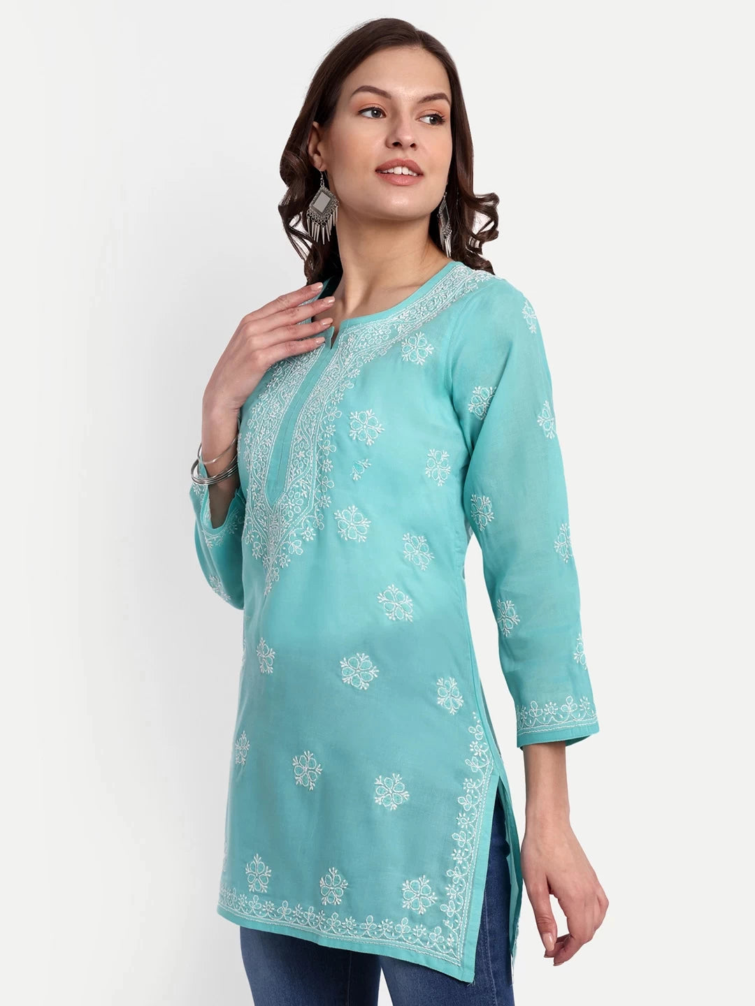 Ada Hand Embroidered Cyan Green Cotton Lucknowi Chikankari Straight Kurti A911332