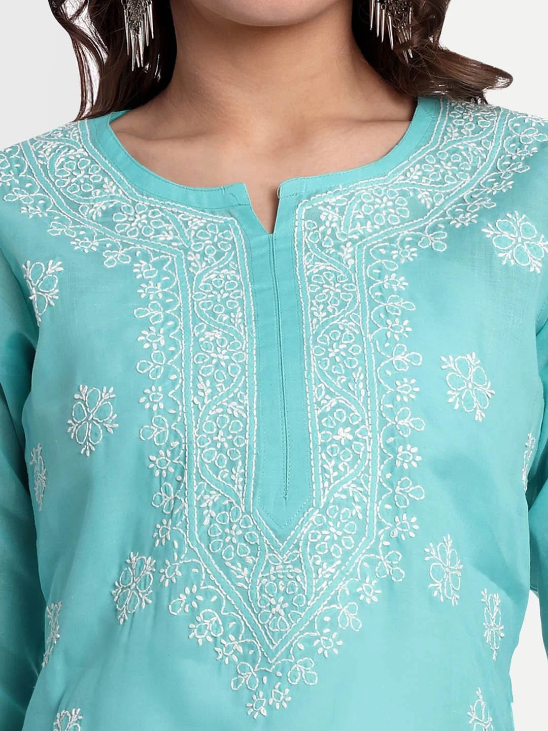 Ada Hand Embroidered Cyan Green Cotton Lucknowi Chikankari Straight Kurti A911332