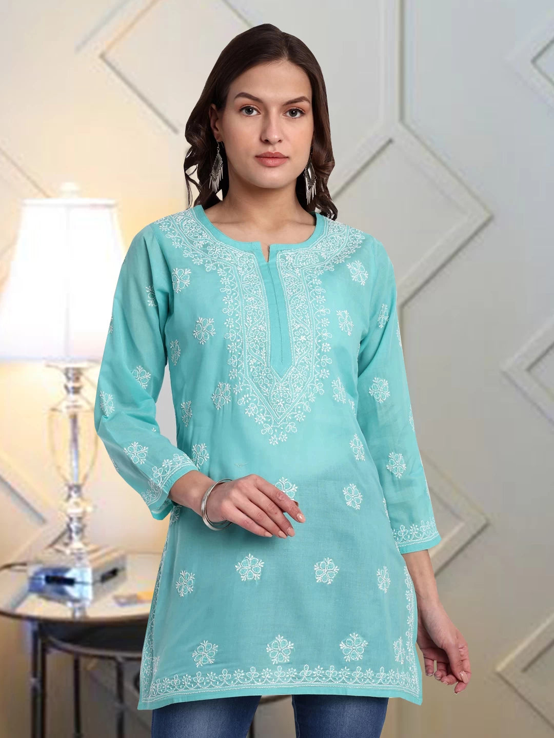 Ada Hand Embroidered Cyan Green Cotton Lucknowi Chikankari Straight Kurti A911332