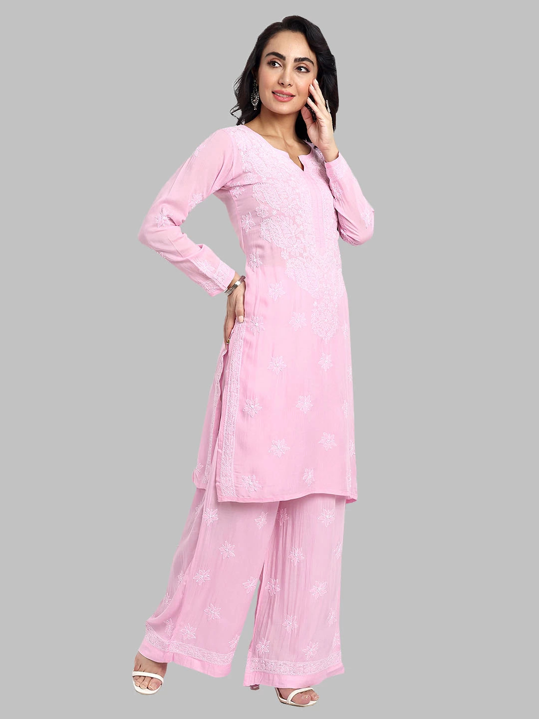 Ada Hand Embroidered Blush Pink Modal Lucknowi Chikankari Co-Ord Set A811230