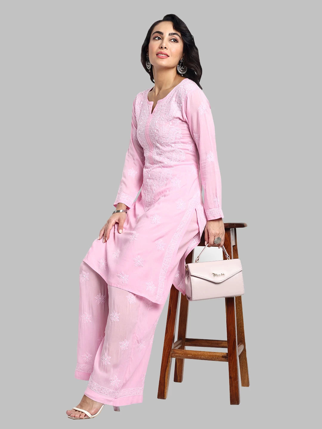 Ada Hand Embroidered Blush Pink Modal Lucknowi Chikankari Co-Ord Set A811230