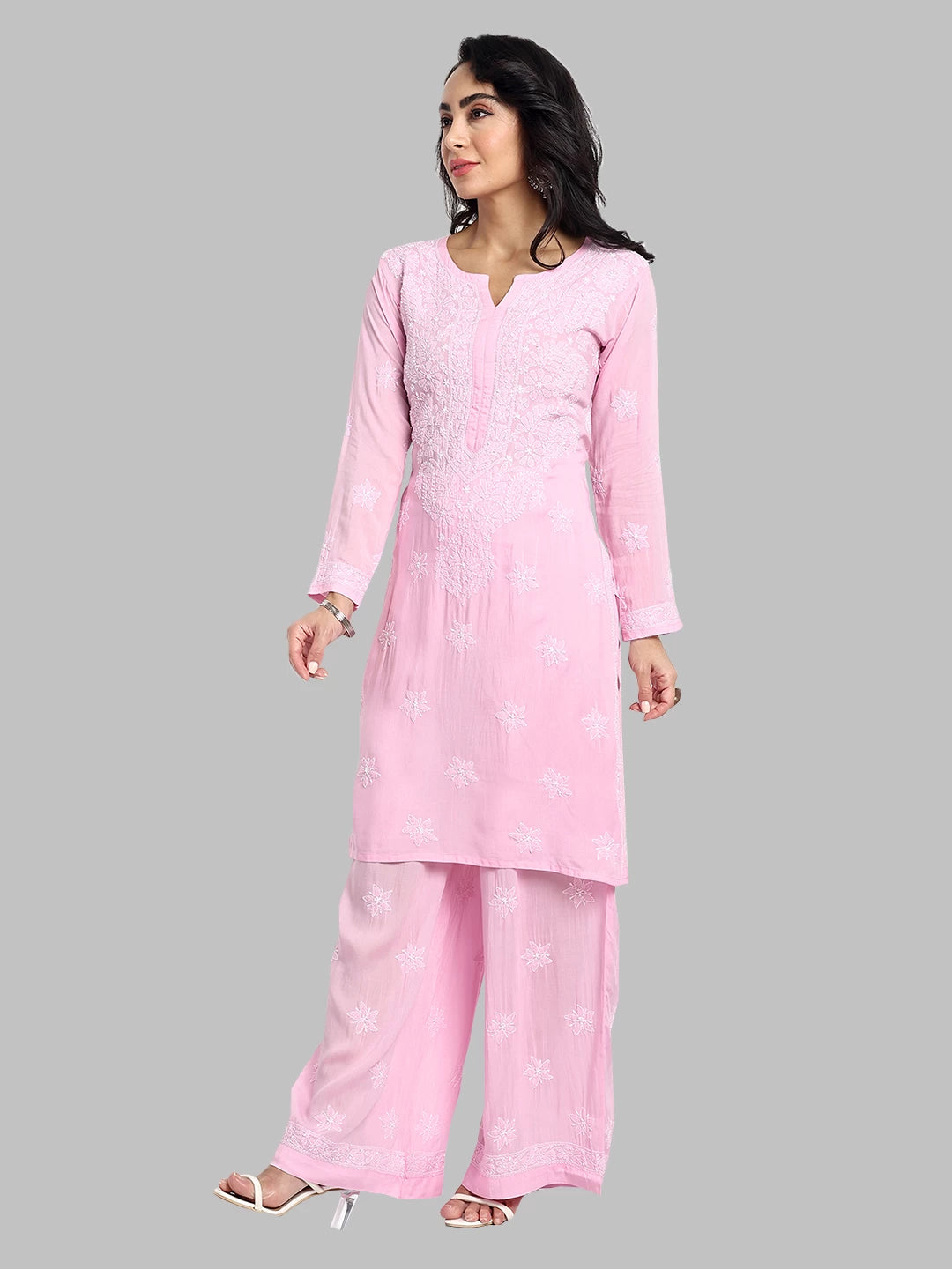 Ada Hand Embroidered Blush Pink Modal Lucknowi Chikankari Co-Ord Set A811230