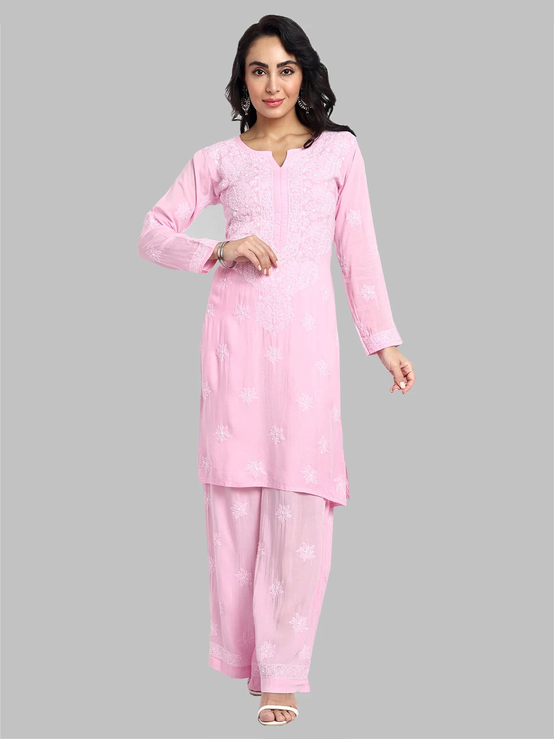 Ada Hand Embroidered Blush Pink Modal Lucknowi Chikankari Co-Ord Set A811230