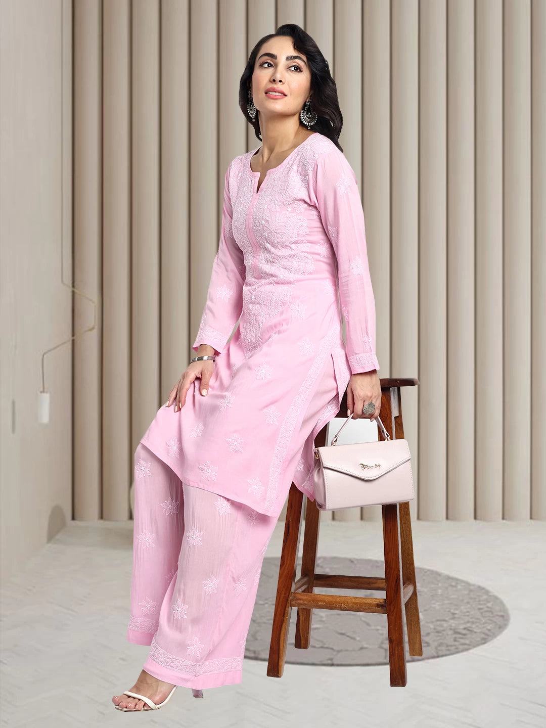 Ada Hand Embroidered Blush Pink Modal Lucknowi Chikankari Co-Ord Set A811230