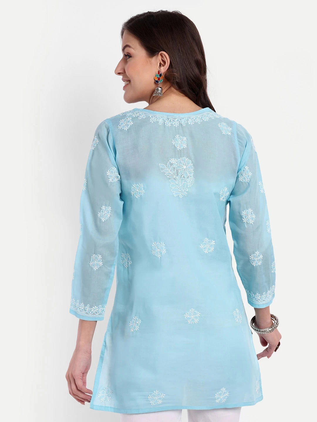 Ada Hand Embroidered Blue Cotton Lucknowi Chikankari Straight Kurti A911327