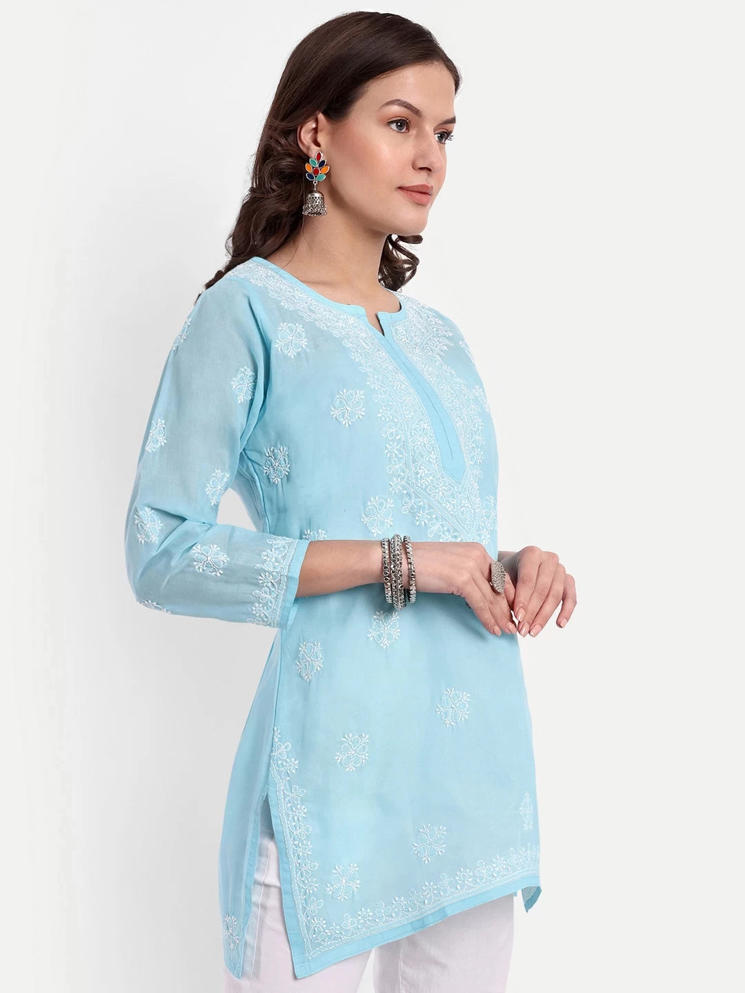Ada Hand Embroidered Blue Cotton Lucknowi Chikankari Straight Kurti A911327