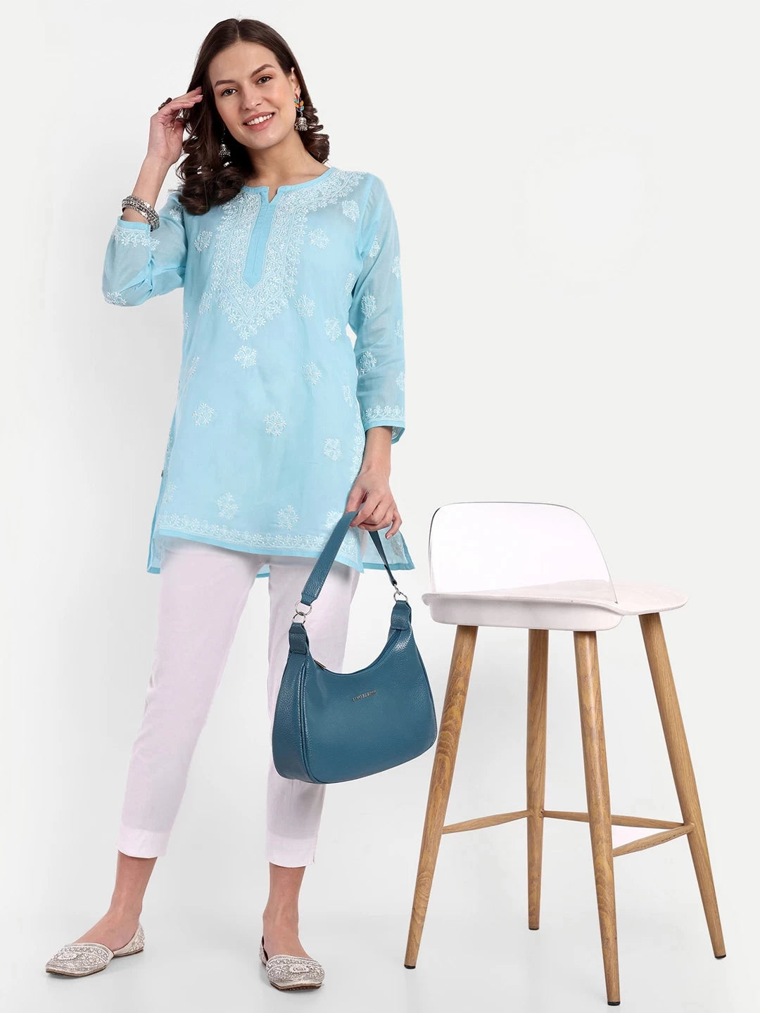 Ada Hand Embroidered Blue Cotton Lucknowi Chikankari Straight Kurti A911327