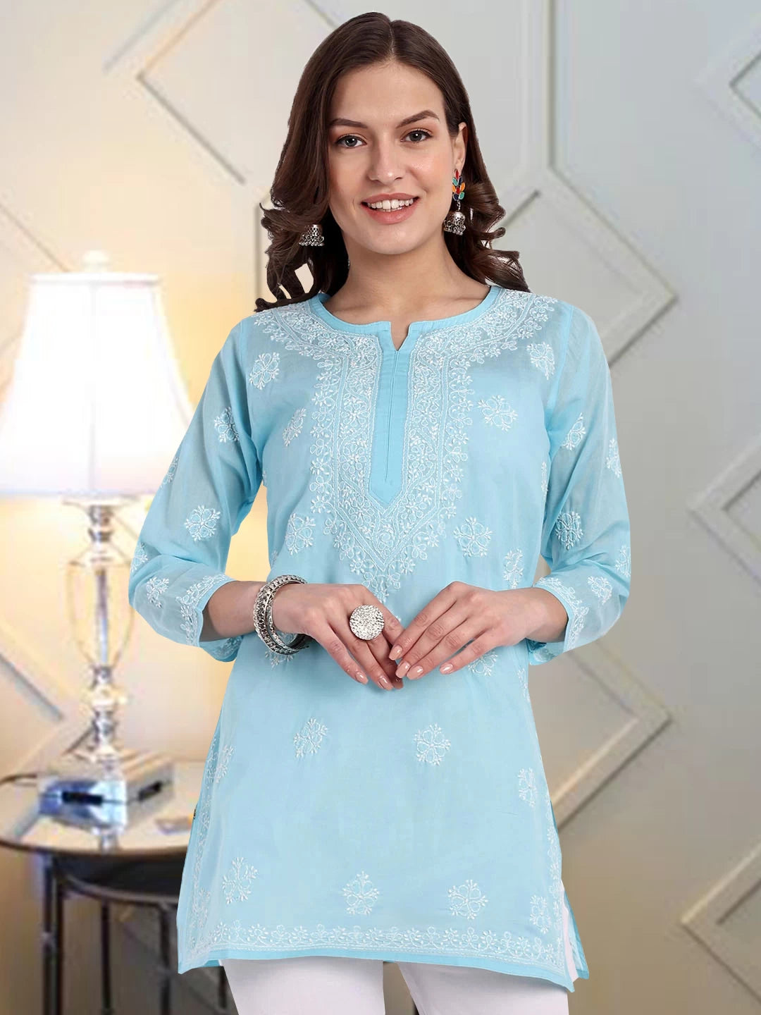 Ada Hand Embroidered Blue Cotton Lucknowi Chikankari Straight Kurti A911327