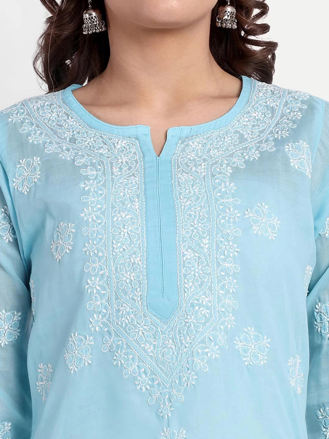 Ada Hand Embroidered Blue Cotton Lucknowi Chikankari Straight Kurti A911327