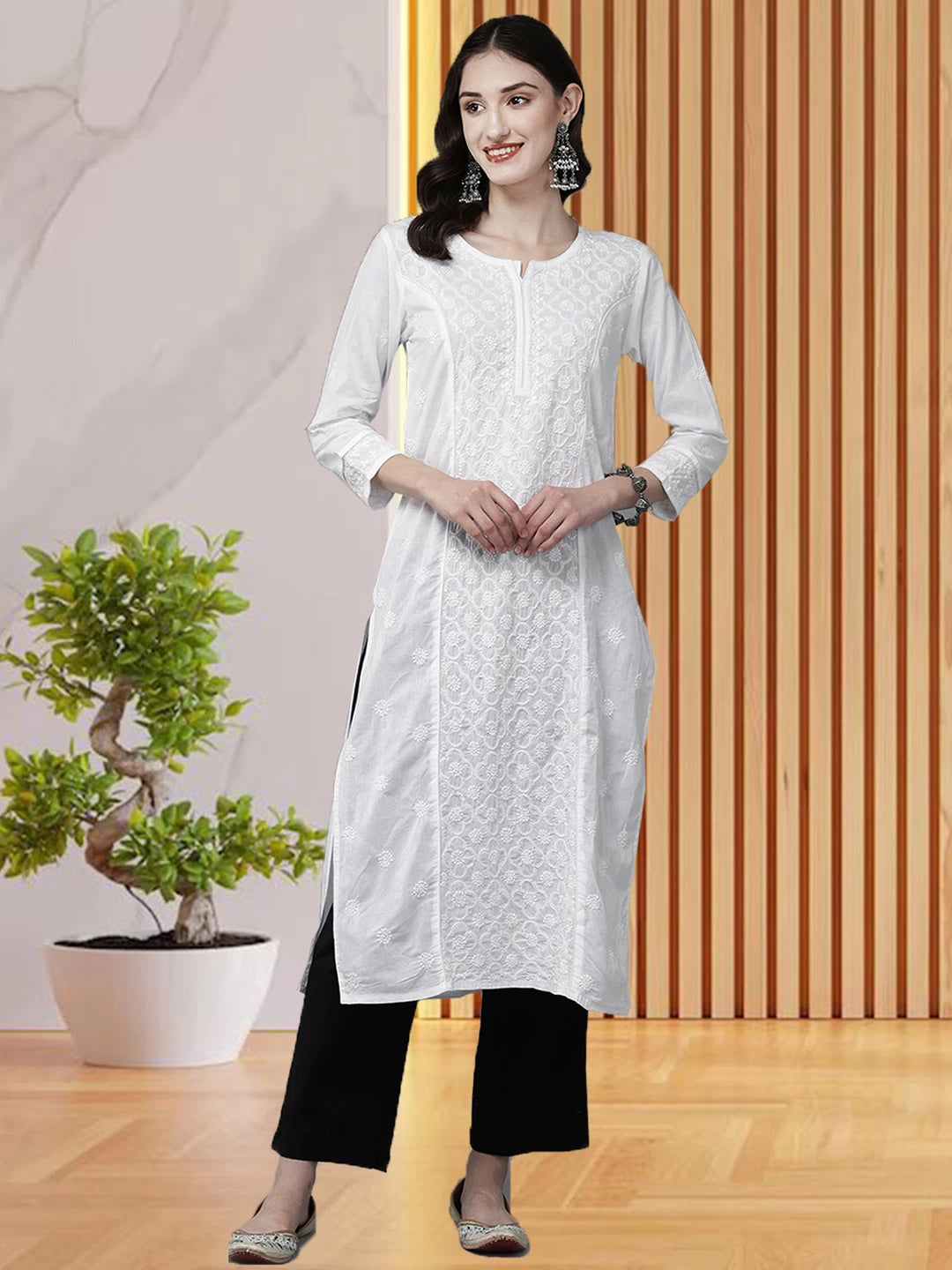 Ada Hand Embroidered White Cotton Lucknowi Chikankari Straight Kurta A411471