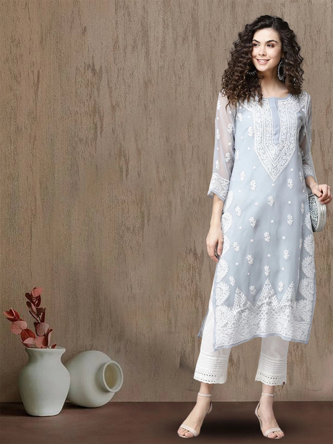 Ada Hand Embroidered Grey Georgette Lucknowi Chikankari Straight Kurta With Slip A411196