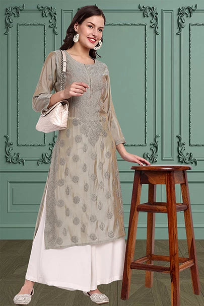 Ada Hand Embroidered Grey Chanderi Lucknowi Chikankari Straight Kurta A411479