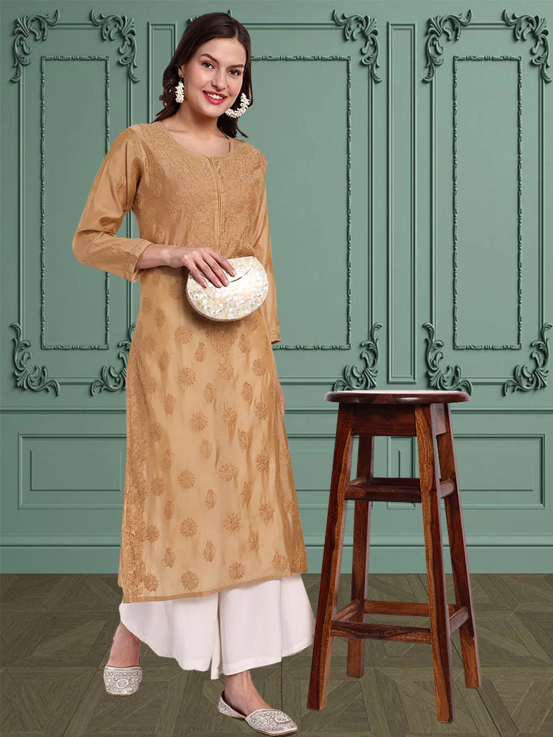 Ada Hand Embroidered Fawn Chanderi Lucknowi Chikankari Straight Kurta A411478