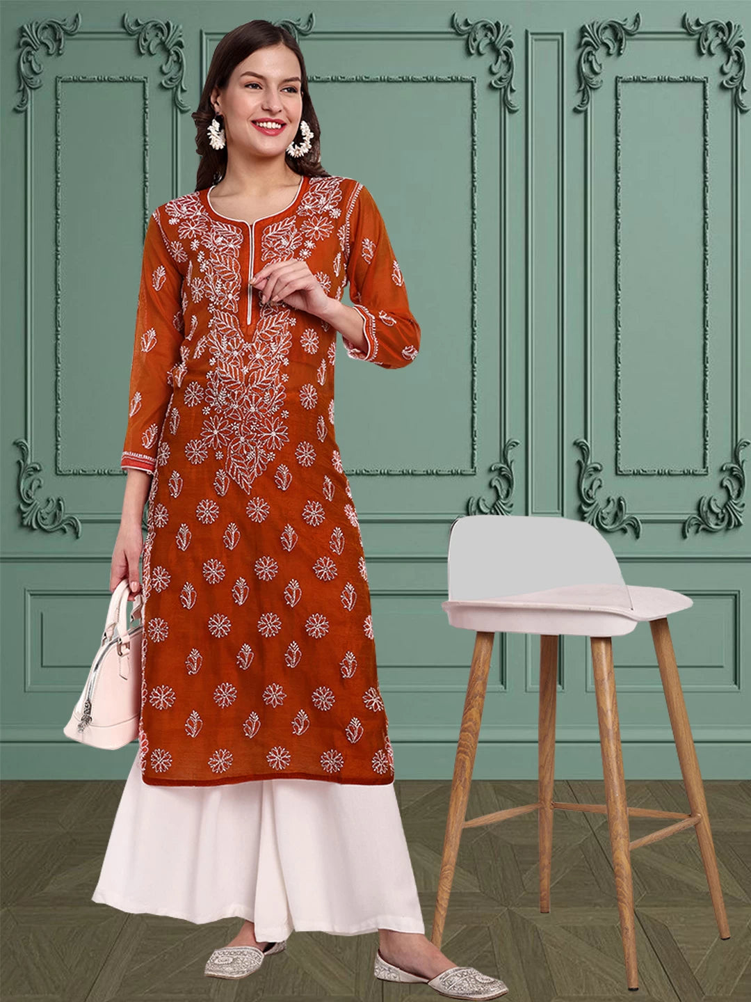 Ada Hand Embroidered Rust Chanderi Lucknowi Chikankari Straight Kurta A411477