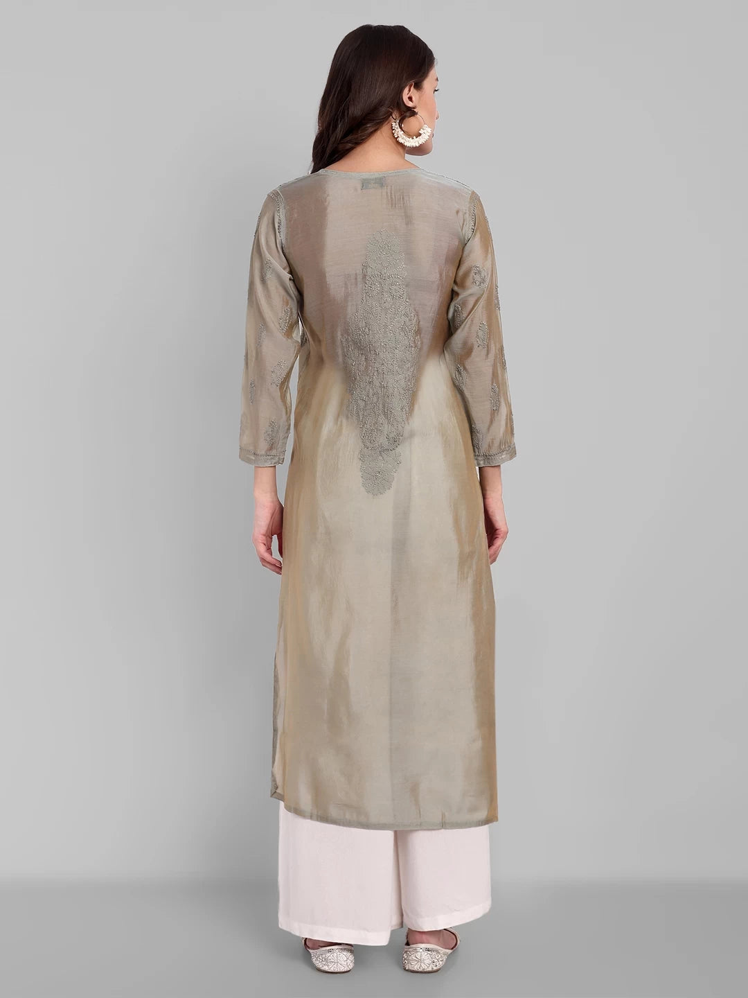 Ada Hand Embroidered Grey Chanderi Lucknowi Chikankari Straight Kurta A411479