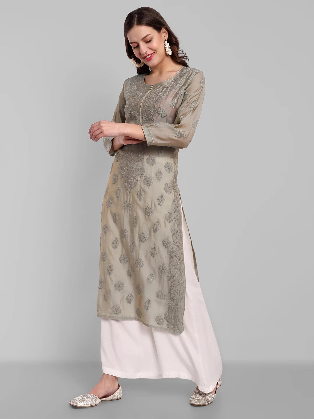 Ada Hand Embroidered Grey Chanderi Lucknowi Chikankari Straight Kurta A411479