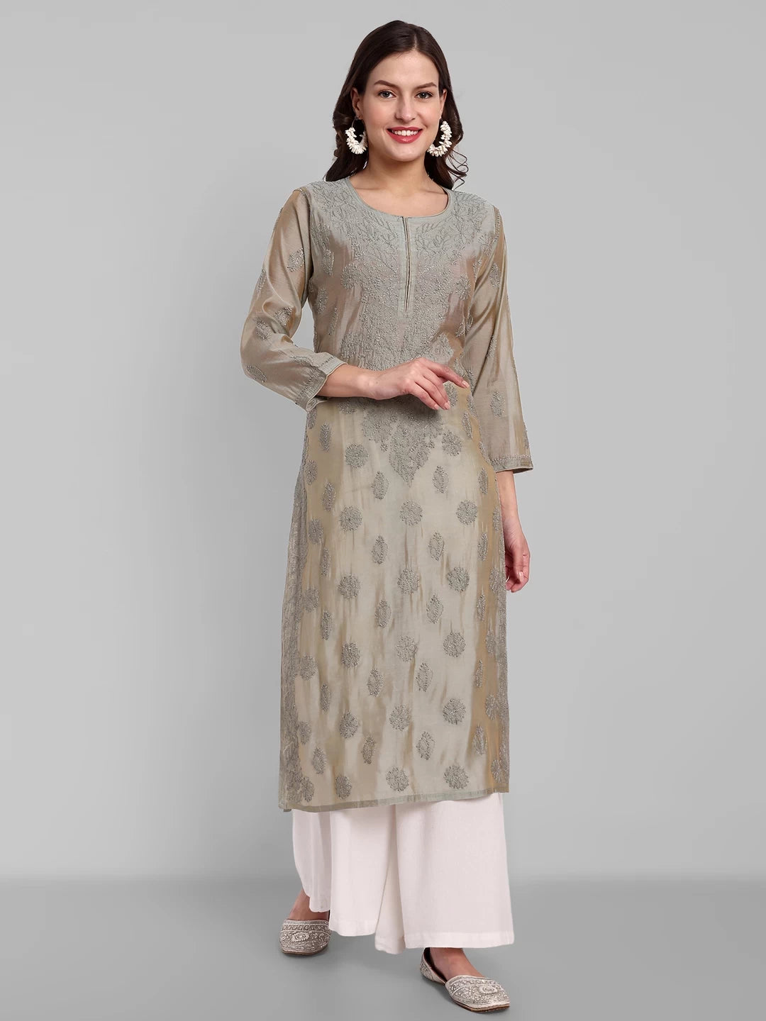 Ada Hand Embroidered Grey Chanderi Lucknowi Chikankari Straight Kurta A411479