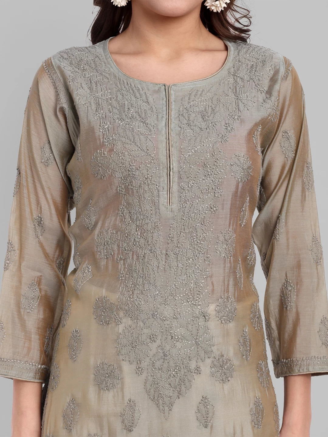 Ada Hand Embroidered Grey Chanderi Lucknowi Chikankari Straight Kurta A411479