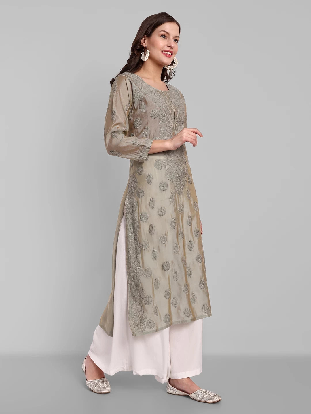 Ada Hand Embroidered Grey Chanderi Lucknowi Chikankari Straight Kurta A411479