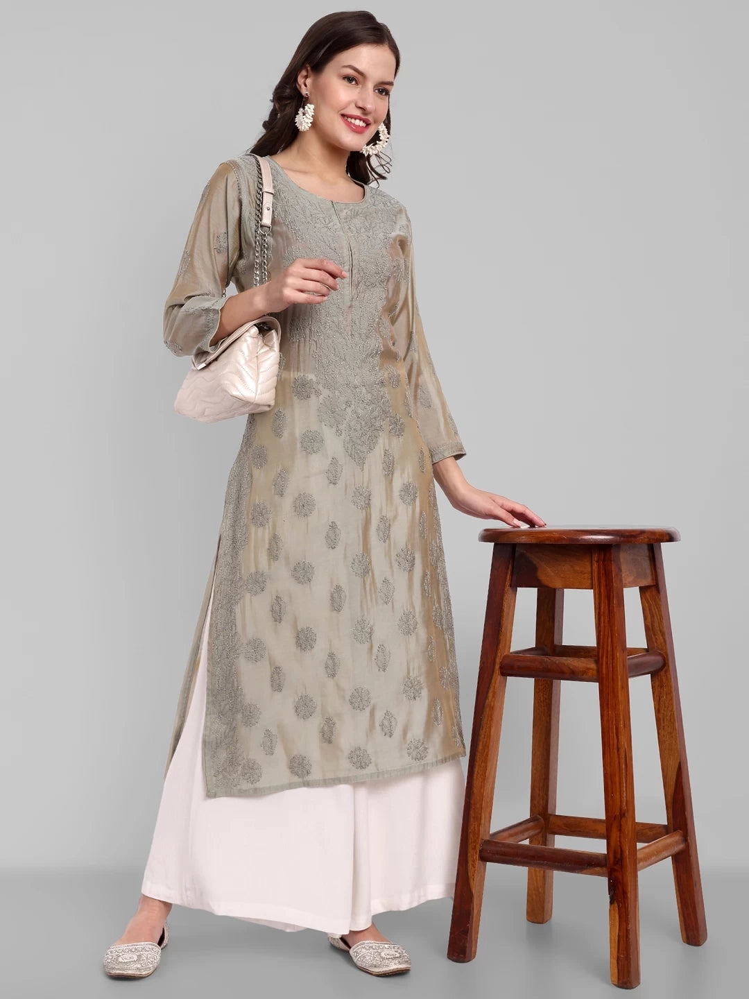 Ada Hand Embroidered Grey Chanderi Lucknowi Chikankari Straight Kurta A411479