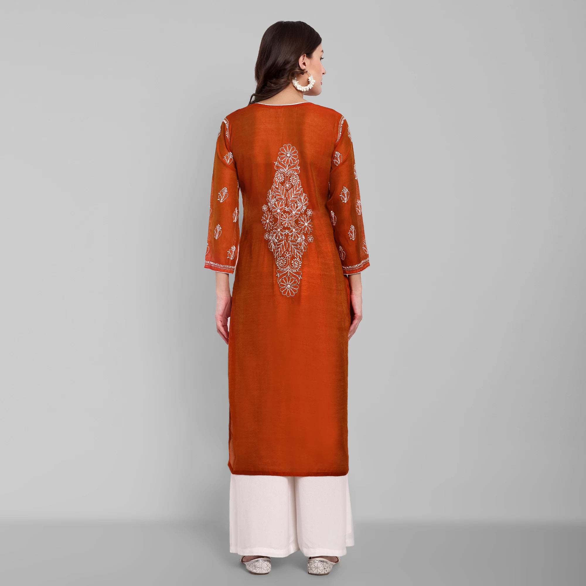 Ada Hand Embroidered Rust Chanderi Lucknowi Chikankari Straight Kurta A411477