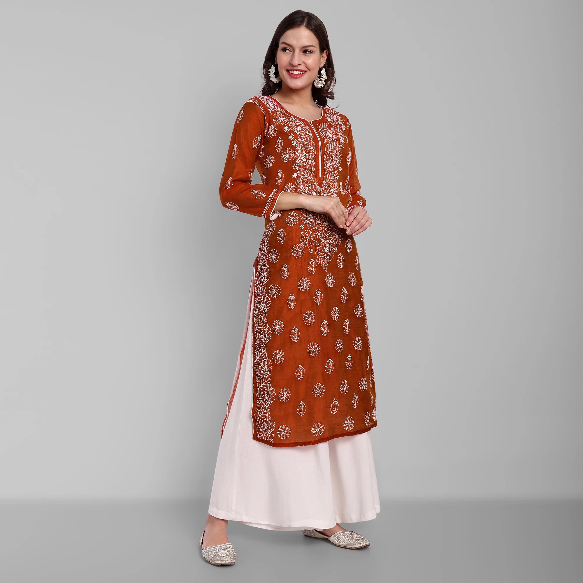 Ada Hand Embroidered Rust Chanderi Lucknowi Chikankari Straight Kurta A411477