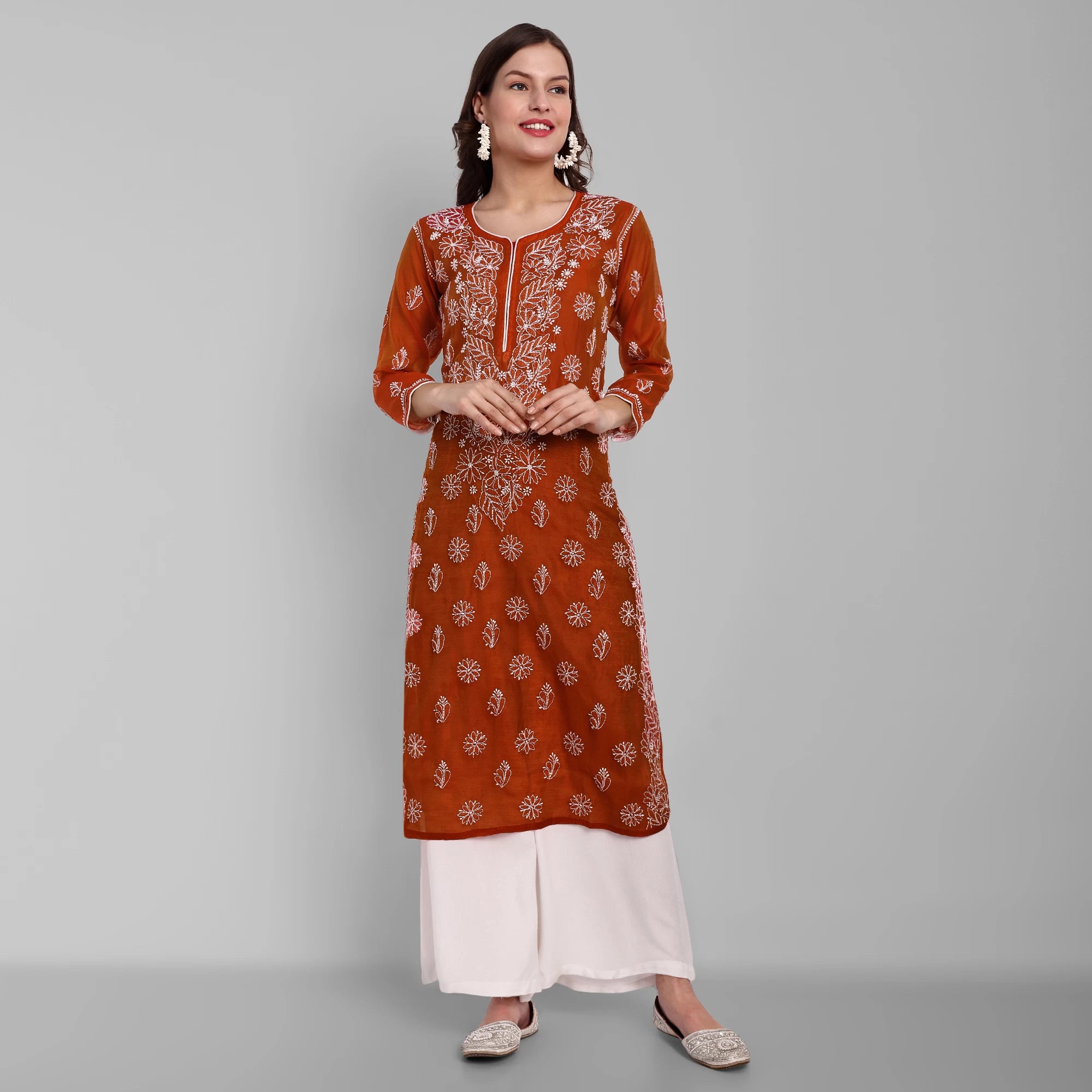Ada Hand Embroidered Rust Chanderi Lucknowi Chikankari Straight Kurta A411477