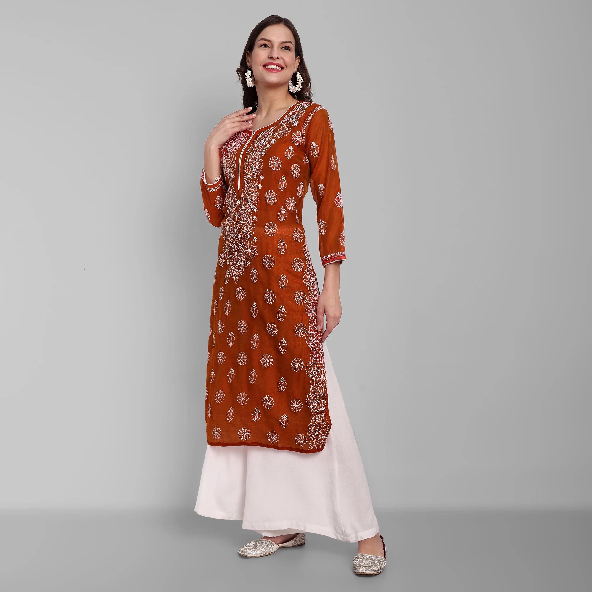Ada Hand Embroidered Rust Chanderi Lucknowi Chikankari Straight Kurta A411477