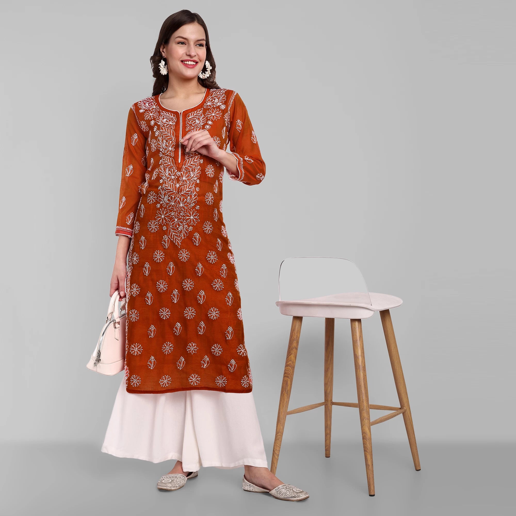 Ada Hand Embroidered Rust Chanderi Lucknowi Chikankari Straight Kurta A411477