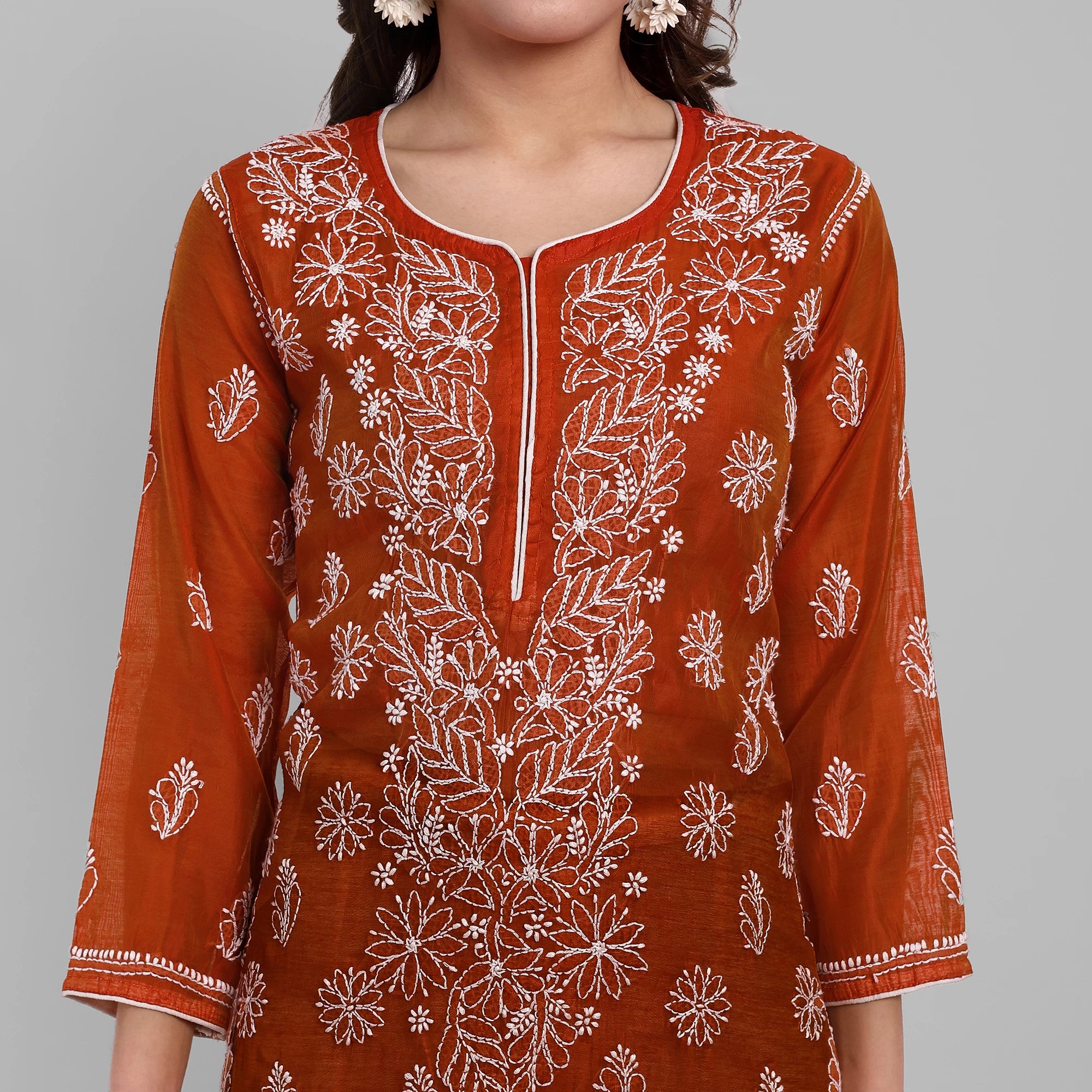 Ada Hand Embroidered Rust Chanderi Lucknowi Chikankari Straight Kurta A411477