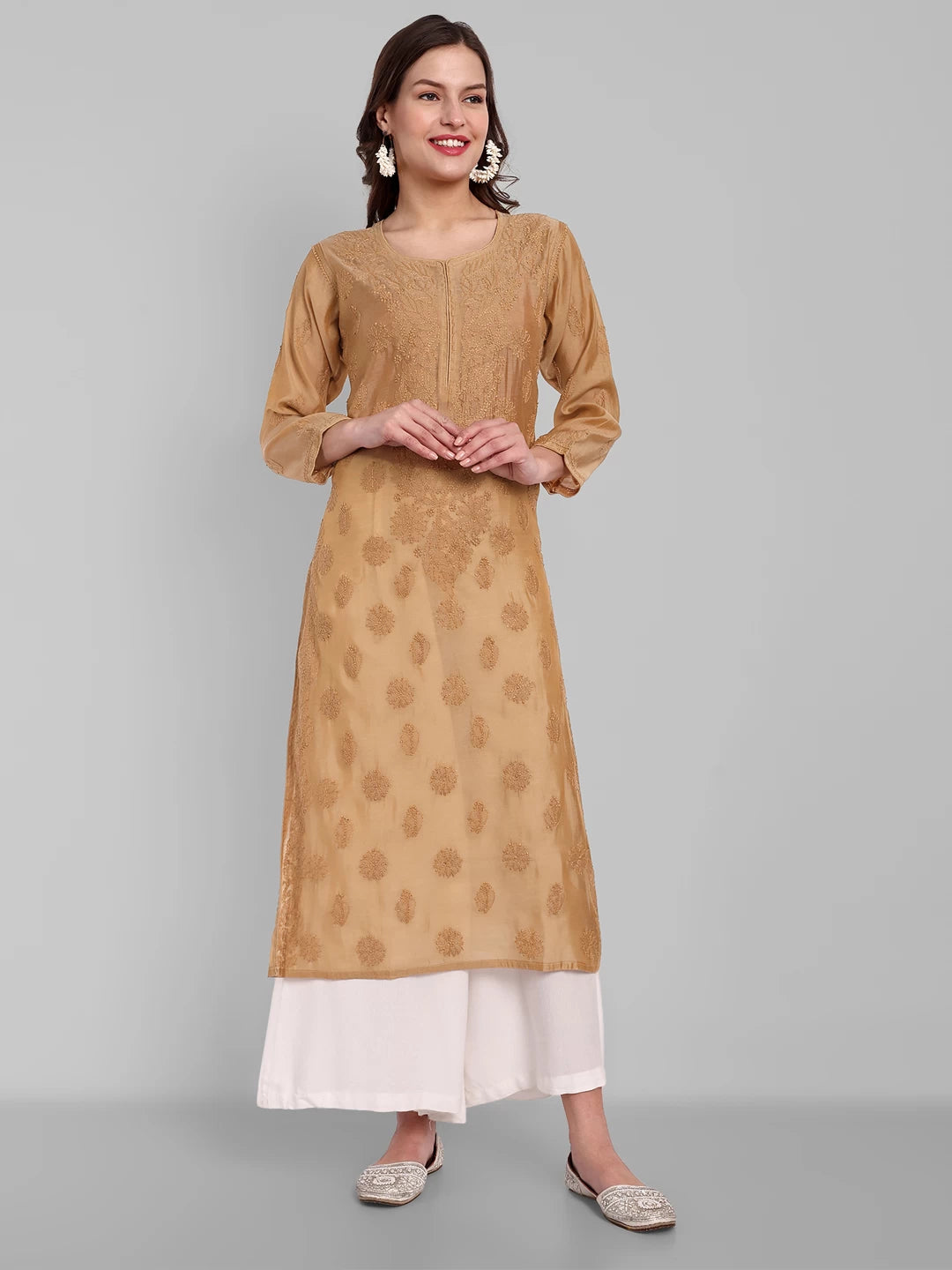 Ada Hand Embroidered Fawn Chanderi Lucknowi Chikankari Straight Kurta A411478