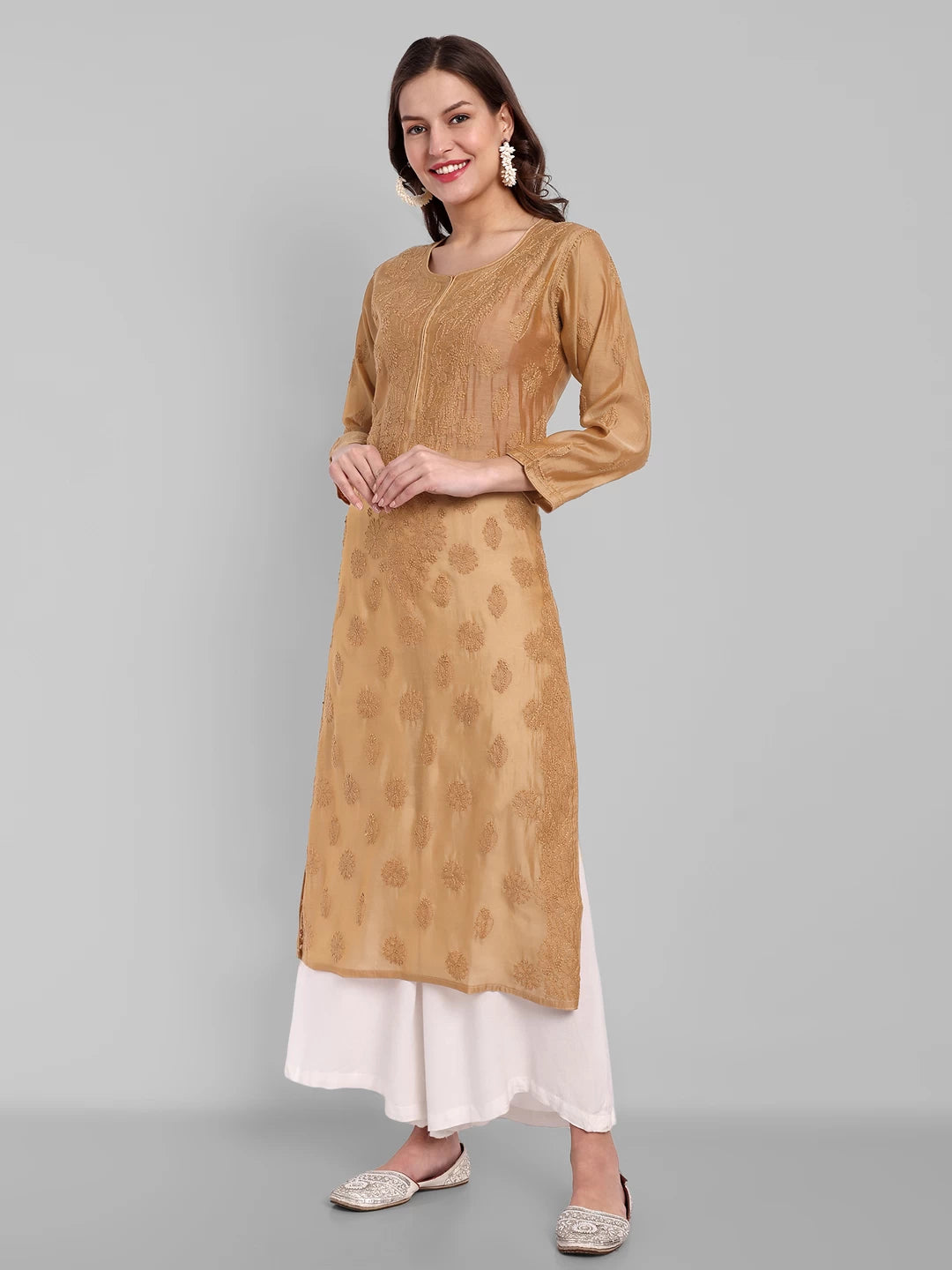 Ada Hand Embroidered Fawn Chanderi Lucknowi Chikankari Straight Kurta A411478