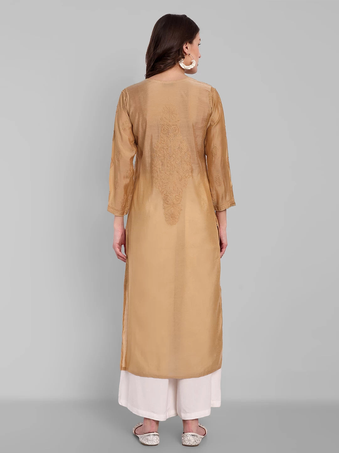 Ada Hand Embroidered Fawn Chanderi Lucknowi Chikankari Straight Kurta A411478