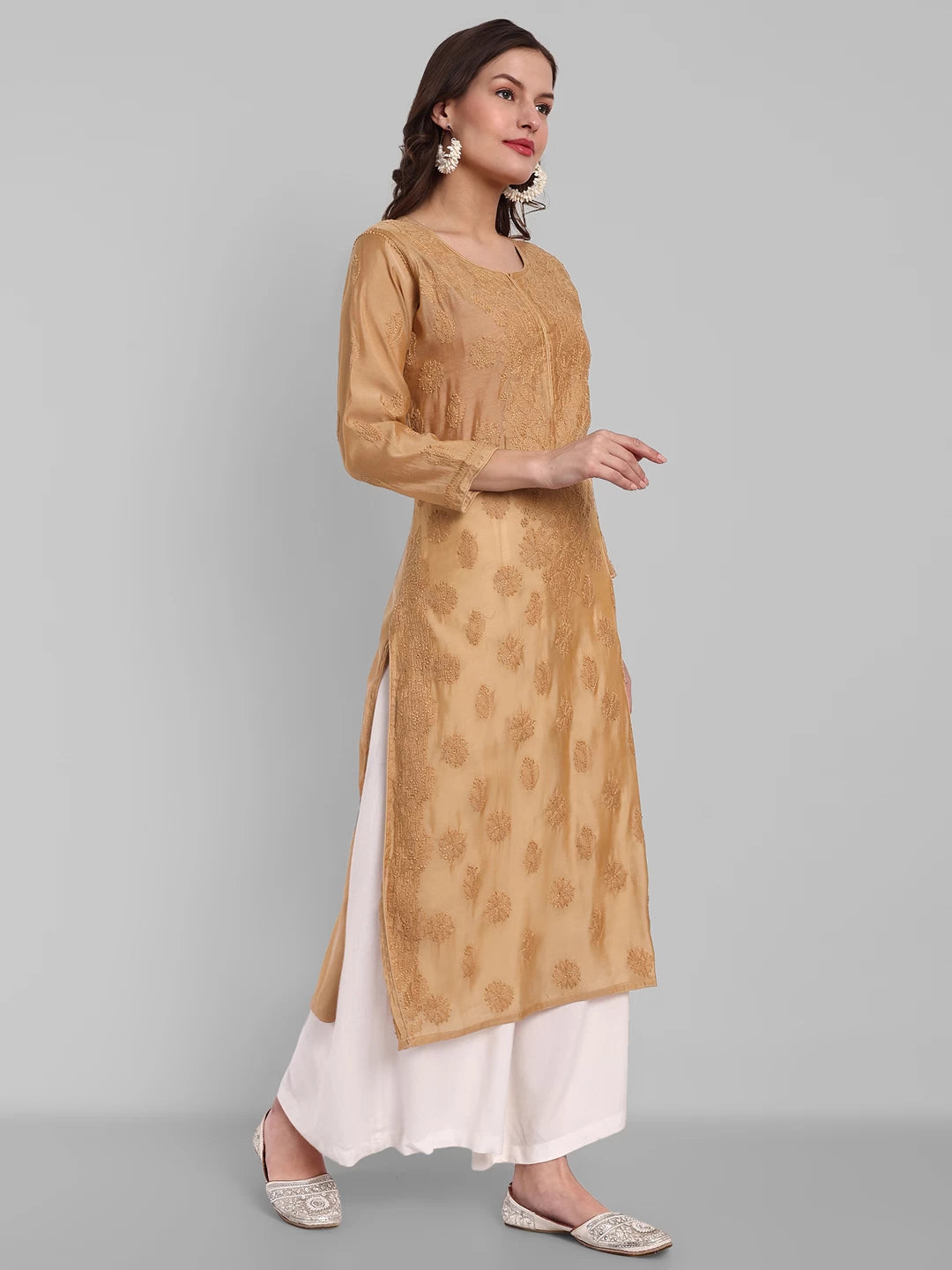 Ada Hand Embroidered Fawn Chanderi Lucknowi Chikankari Straight Kurta A411478