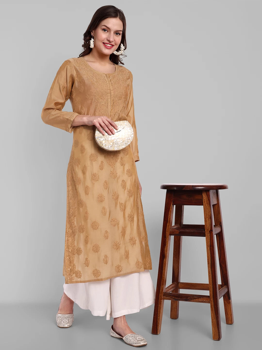 Ada Hand Embroidered Fawn Chanderi Lucknowi Chikankari Straight Kurta A411478