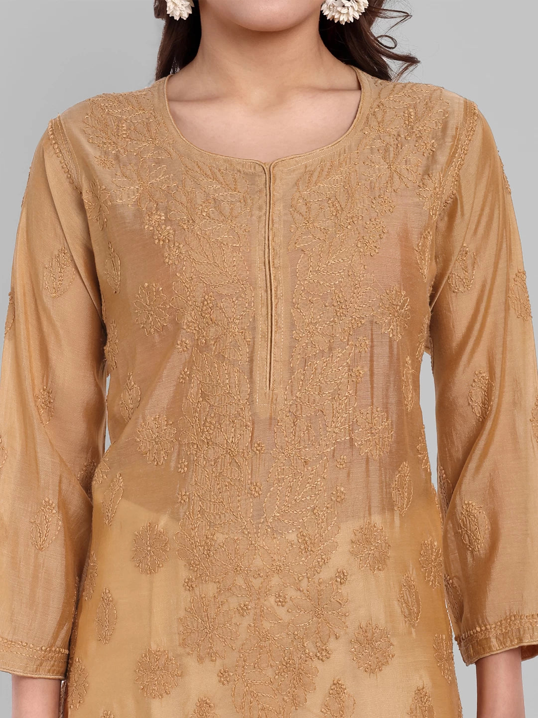 Ada Hand Embroidered Fawn Chanderi Lucknowi Chikankari Straight Kurta A411478