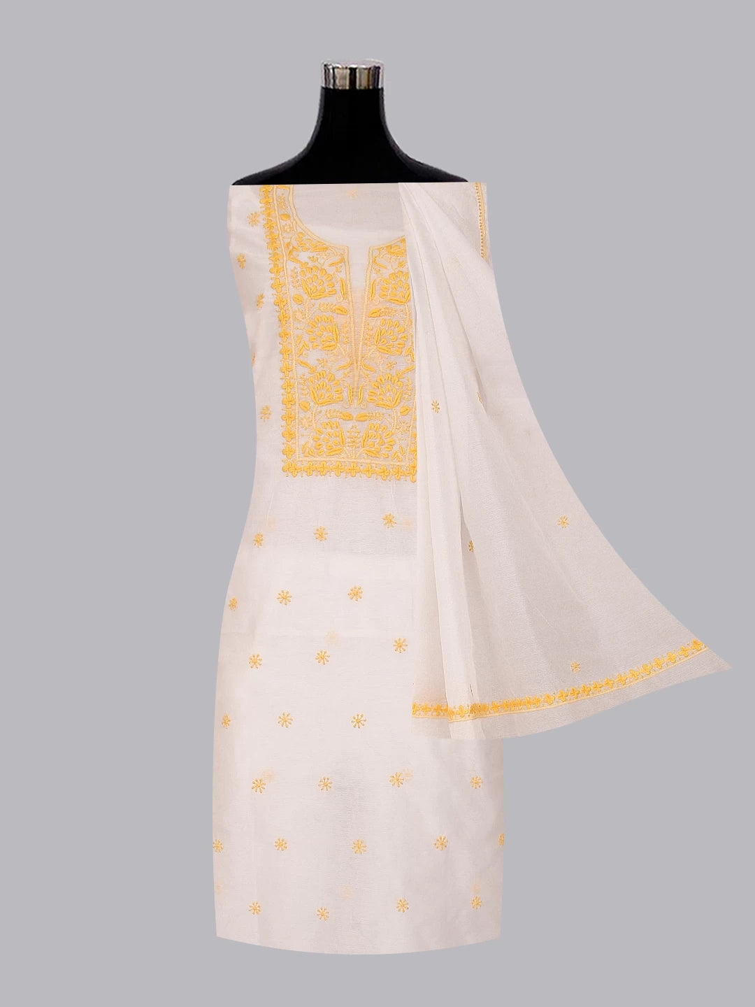 Ada Hand Embroidered Off White Super Net Lucknowi Chikankari Unstitched Kurta Dupatta Set 01A409820