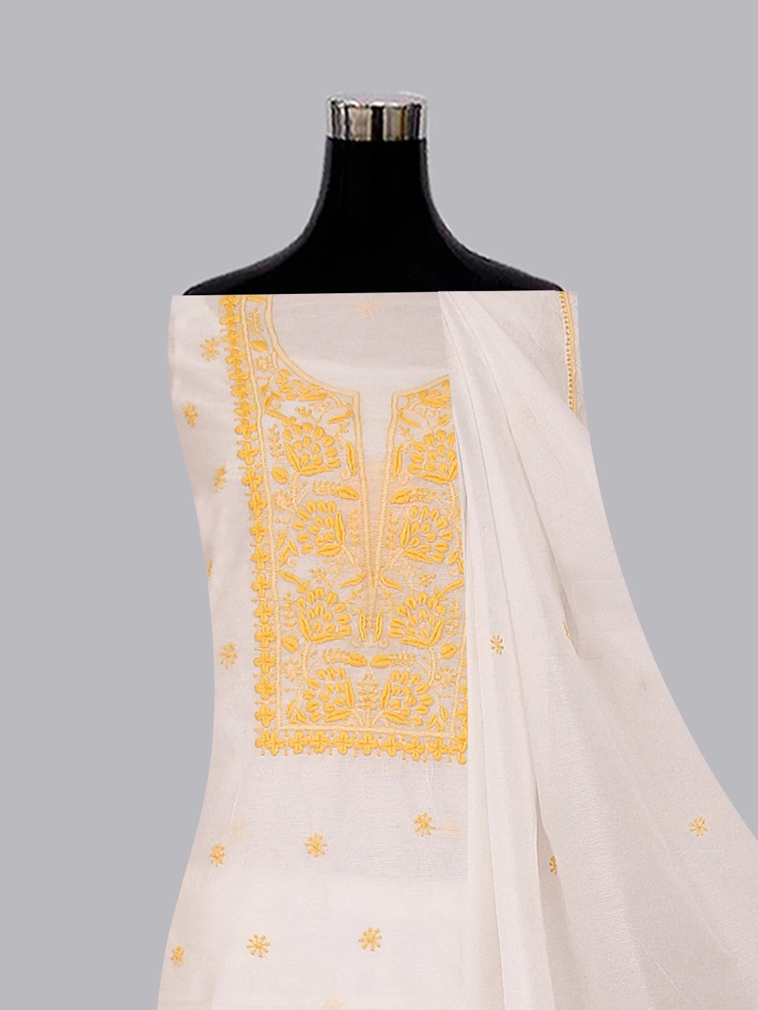 Ada Hand Embroidered Off White Super Net Lucknowi Chikankari Unstitched Kurta Dupatta Set 01A409820