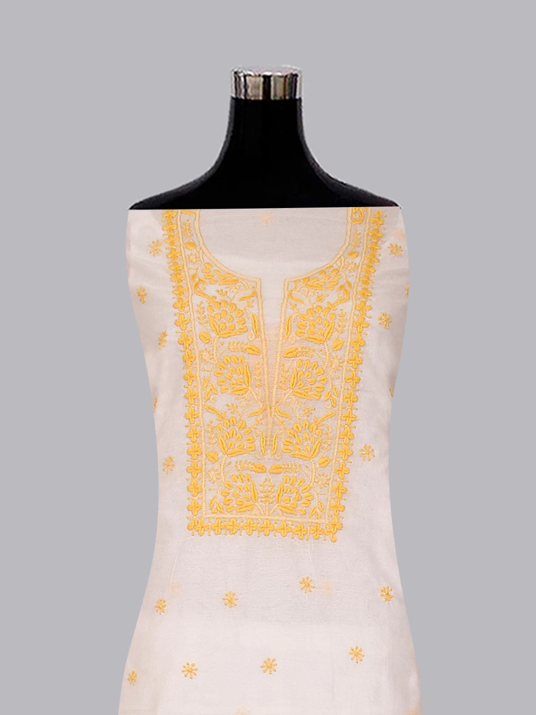 Ada Hand Embroidered Off White Super Net Lucknowi Chikankari Unstitched Kurta Dupatta Set 01A409820
