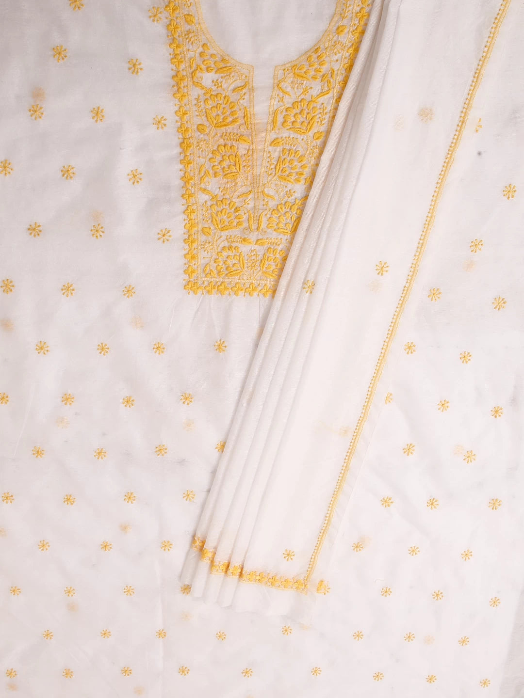 Ada Hand Embroidered Off White Super Net Lucknowi Chikankari Unstitched Kurta Dupatta Set 01A409820