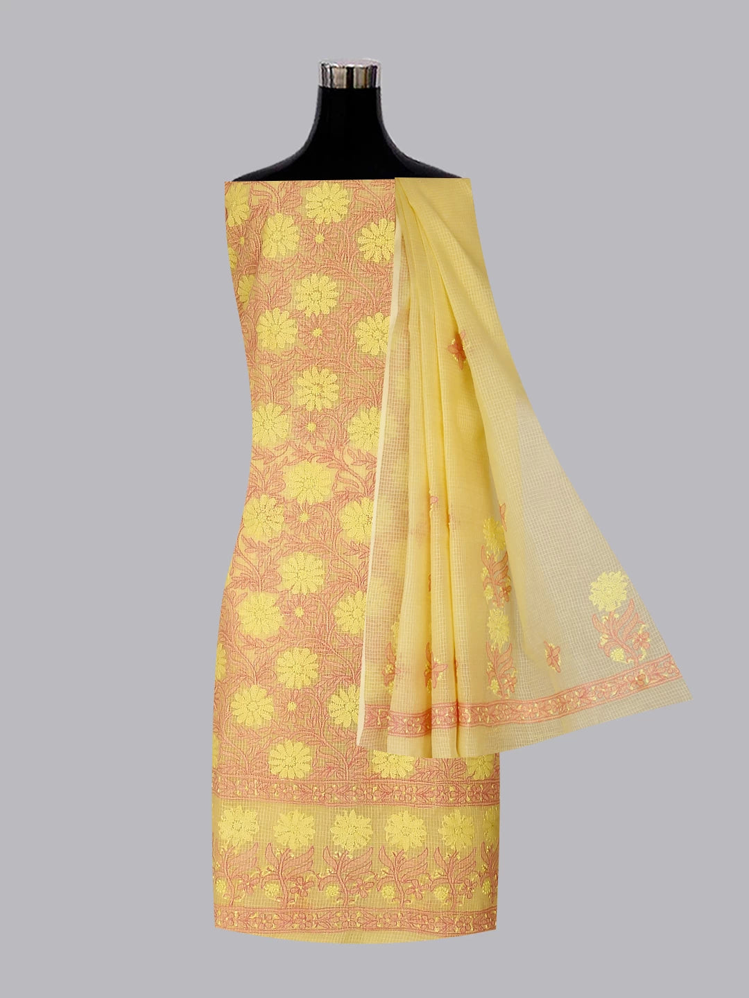 Ada Hand Embroidered Yellow Kota Cotton Lucknowi Chikankari Unstitched Kurta Dupatta Set 01A411593