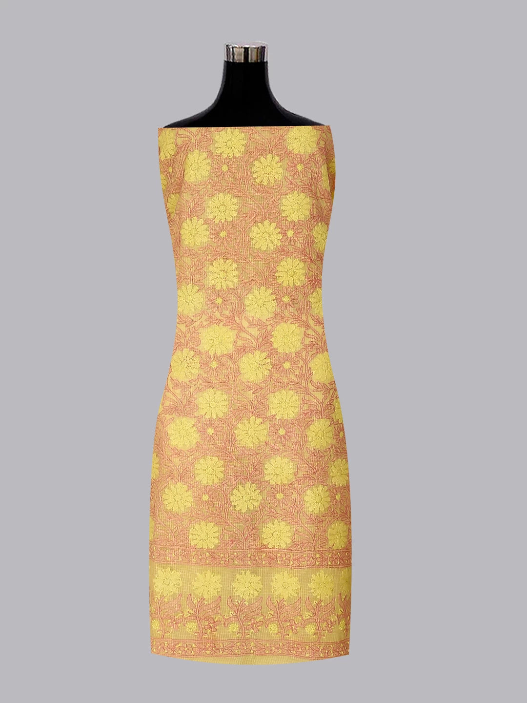 Ada Hand Embroidered Yellow Kota Cotton Lucknowi Chikankari Unstitched Kurta Dupatta Set 01A411593