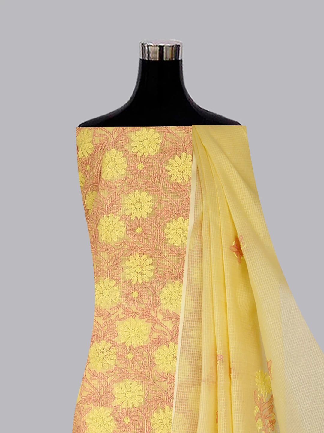 Ada Hand Embroidered Yellow Kota Cotton Lucknowi Chikankari Unstitched Kurta Dupatta Set 01A411593