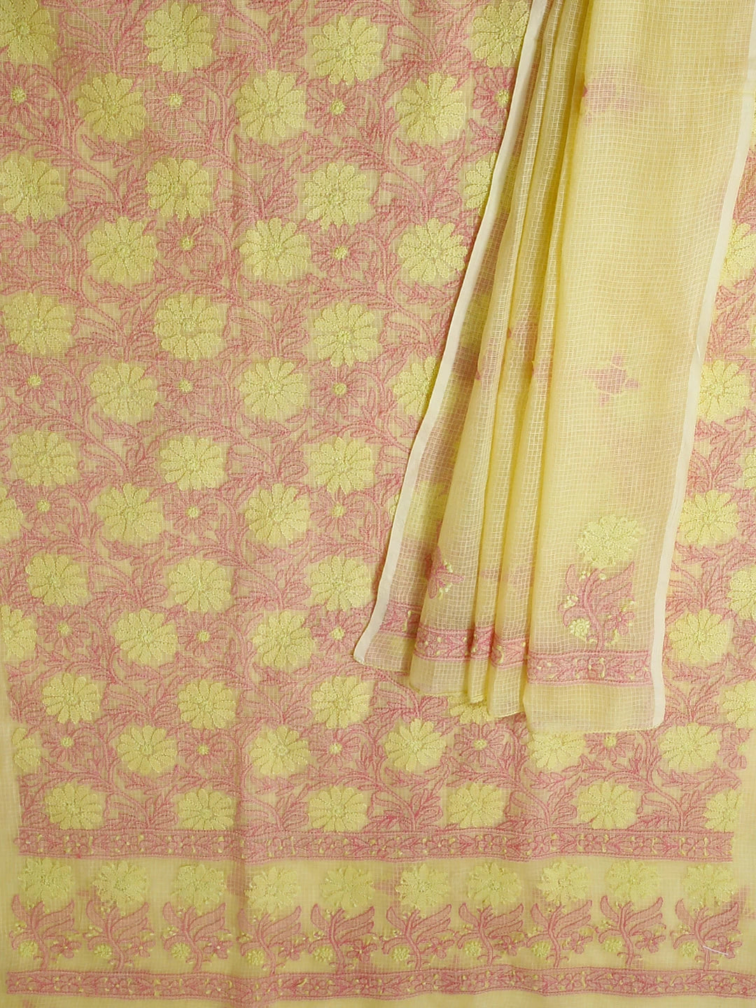 Ada Hand Embroidered Yellow Kota Cotton Lucknowi Chikankari Unstitched Kurta Dupatta Set 01A411593