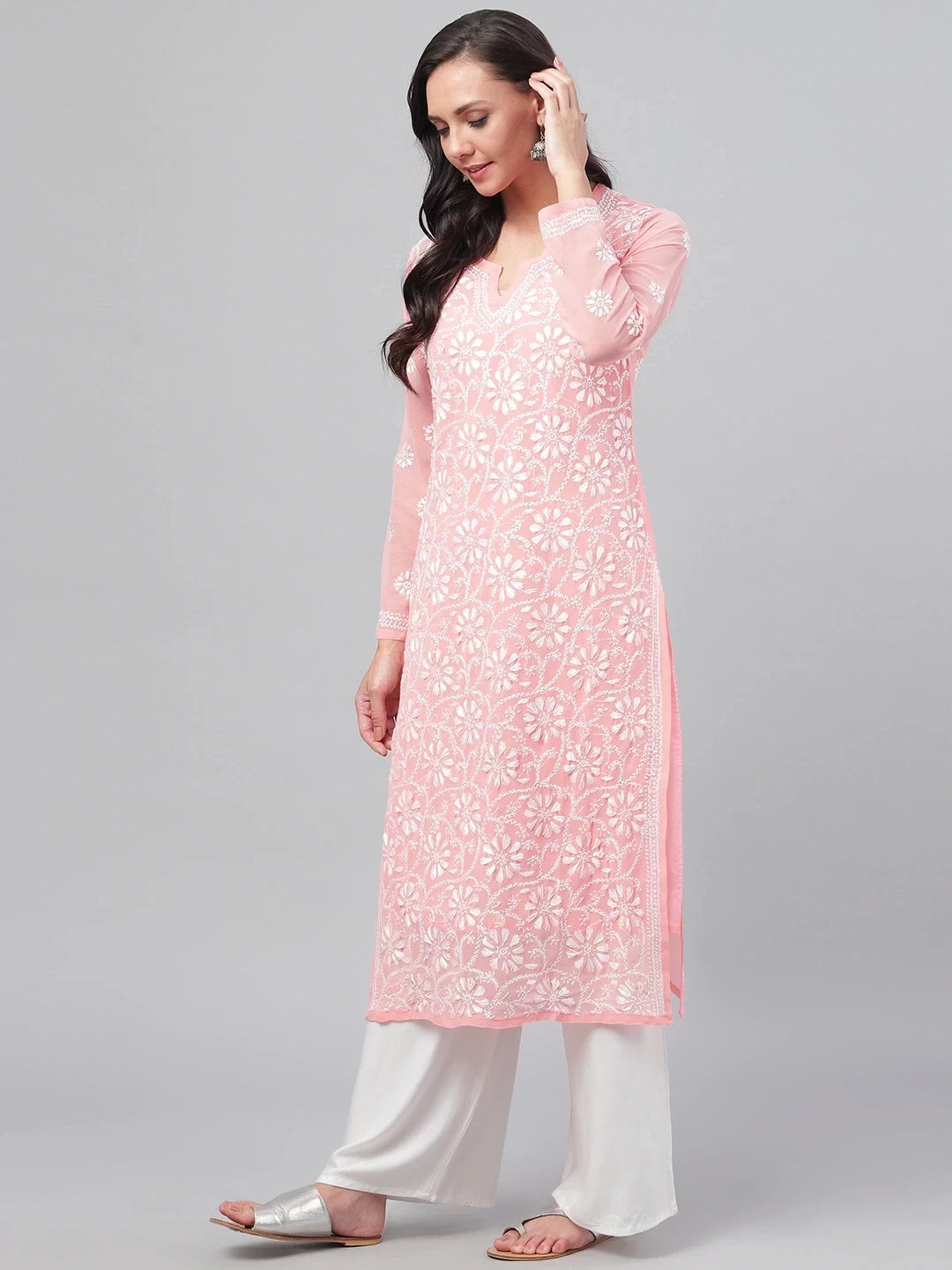 Ada Hand Embroidered Peach Georgette Lucknowi Chikankari Straight Kurta With Slip A90328
