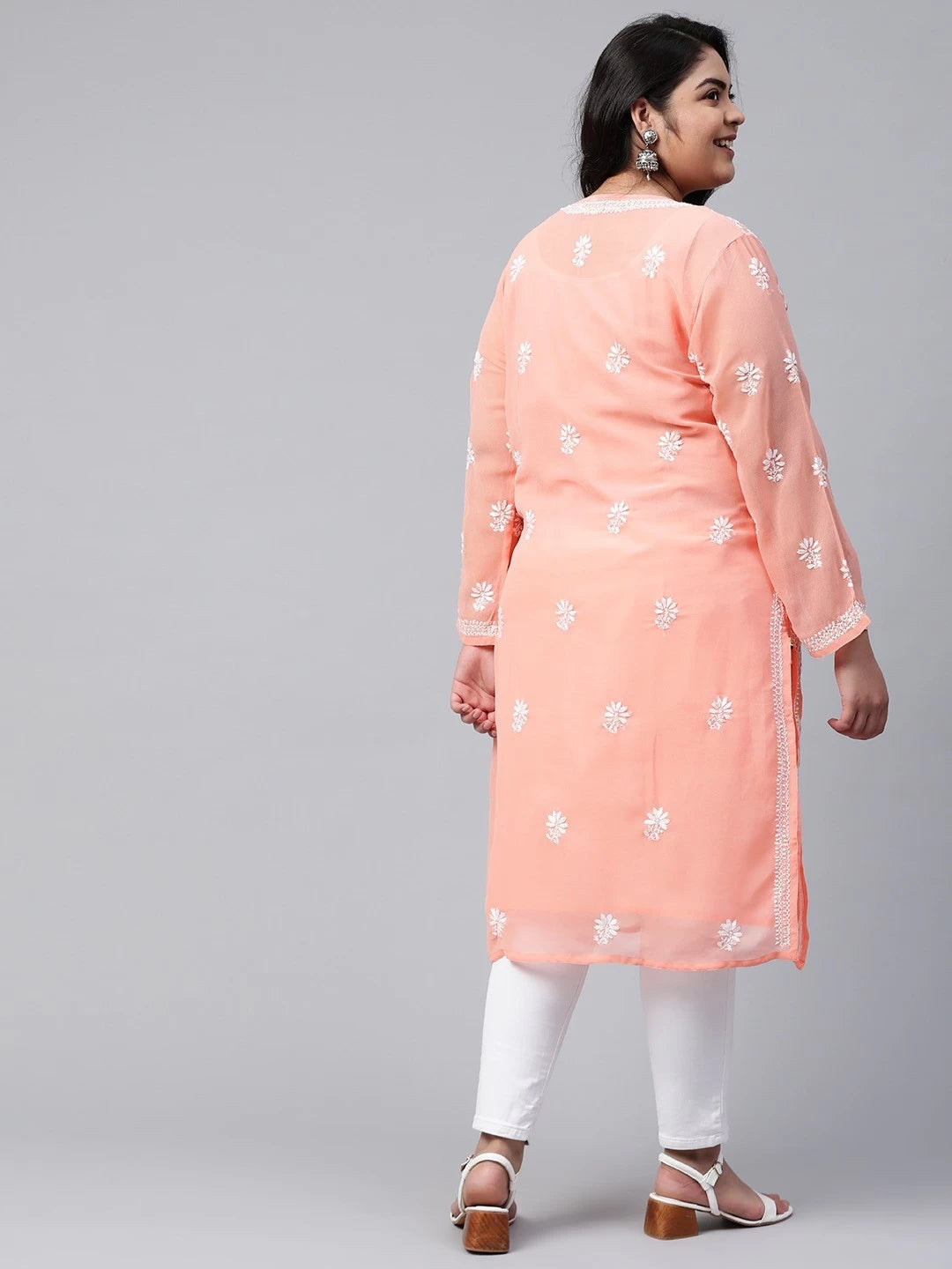 Ada Hand Embroidered Peach Georgette Lucknowi Chikankari Straight Kurta With Slip A90328