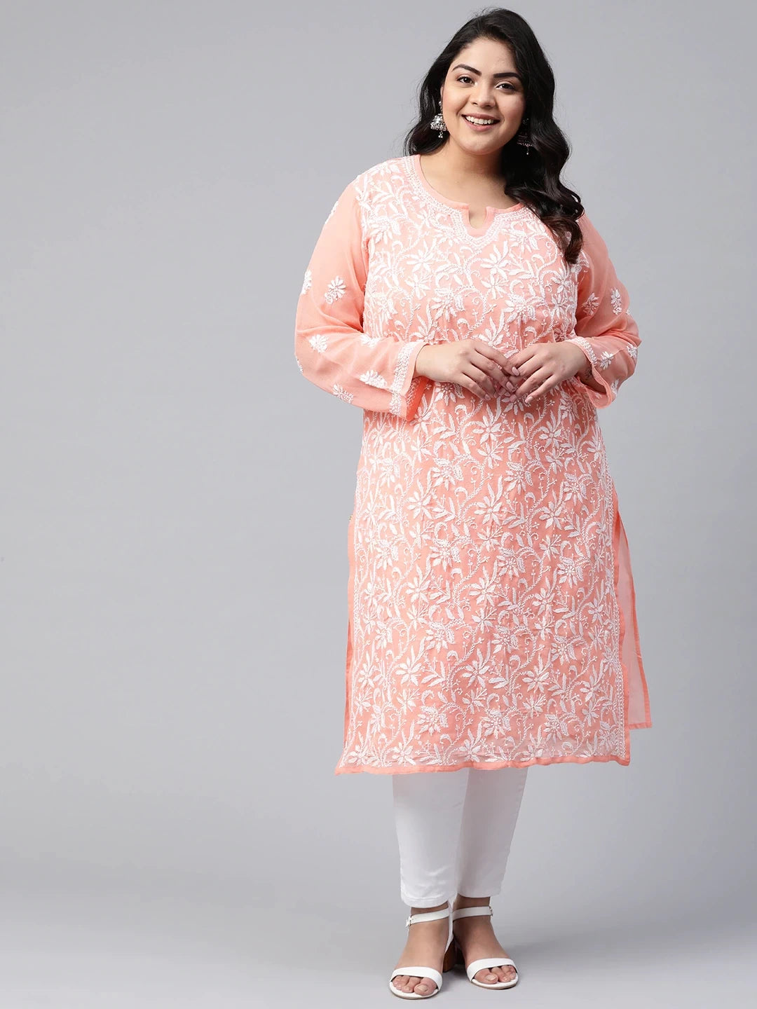 Ada Hand Embroidered Peach Georgette Lucknowi Chikankari Straight Kurta With Slip A90328