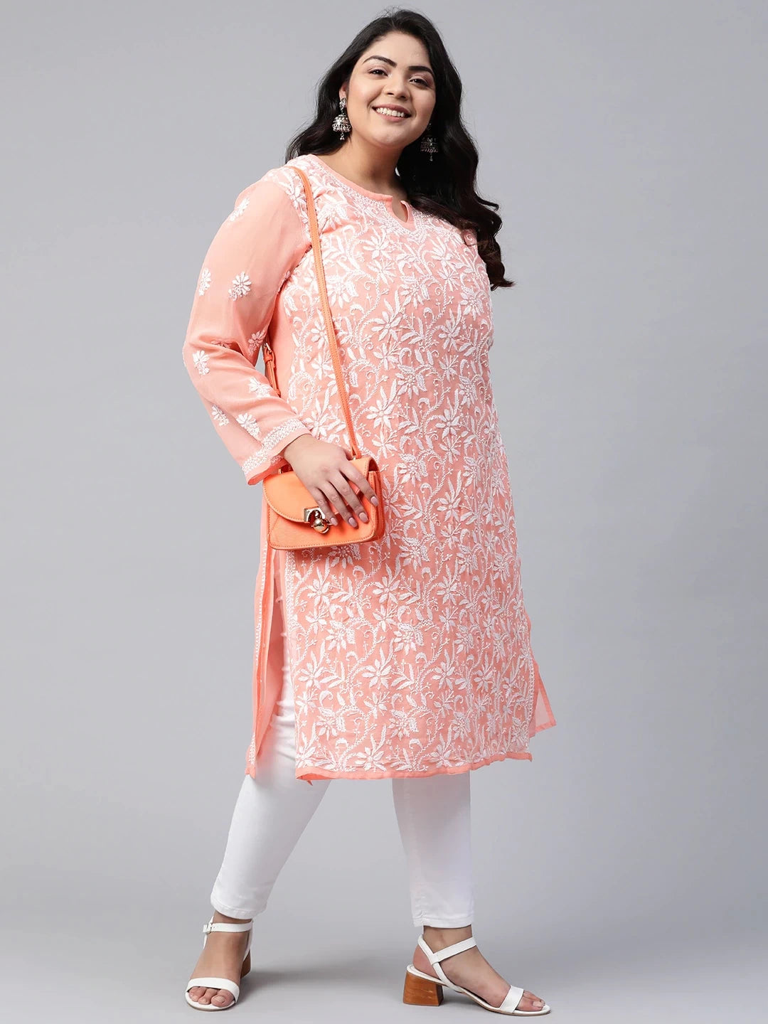 Ada Hand Embroidered Peach Georgette Lucknowi Chikankari Straight Kurta With Slip A90328
