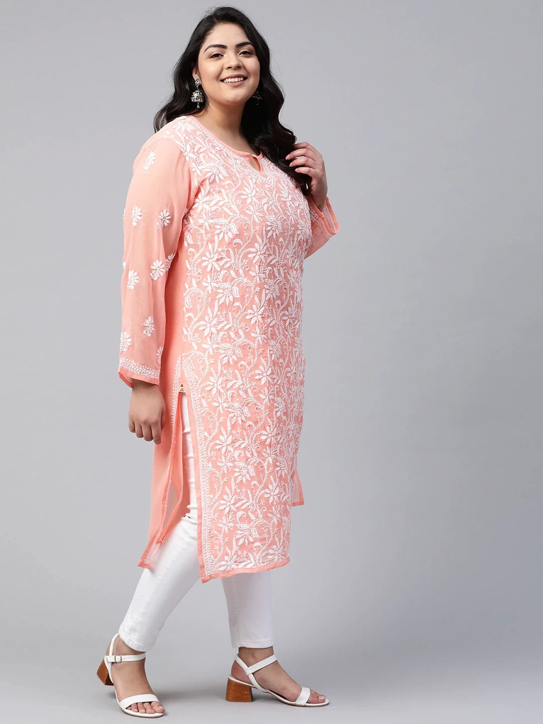 Ada Hand Embroidered Peach Georgette Lucknowi Chikankari Straight Kurta With Slip A90328